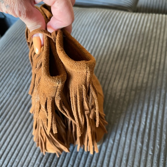 Fringe Genuine Leather Suede Wedge Boots - Tan - Picture 4 of 6